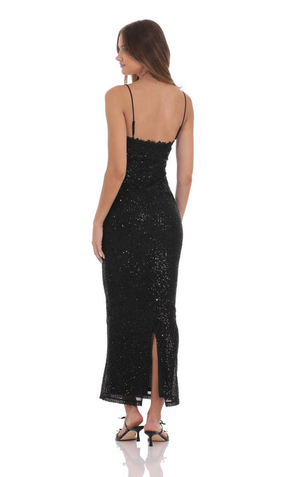 Glamorous Black Sequin Evening Dress with Sweetheart Neckline, Spaghetti Straps & Back Slit