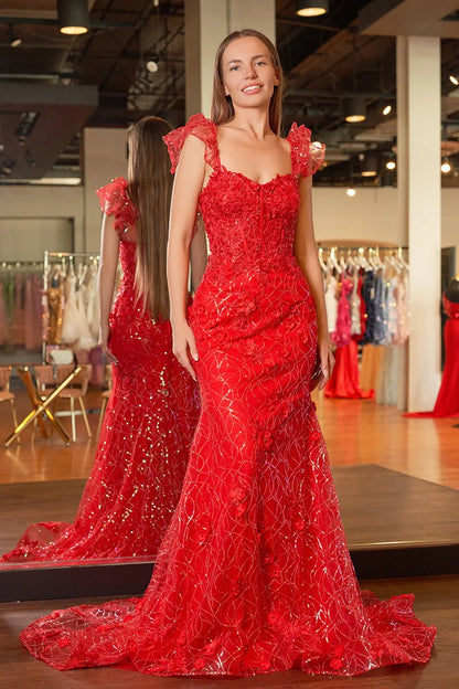 Glamorous Bold Red Sequin 3D Floral Mermaid Silhouette Sweetheart Neck Ruffle Strap Lace Up Back Train Maxi Formal Prom Dress
