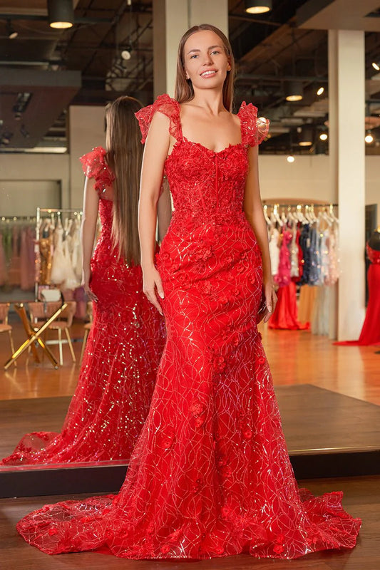 Glamorous Bold Red Sequin 3D Floral Mermaid Silhouette Sweetheart Neck Ruffle Strap Lace Up Back Train Maxi Formal Prom Dress