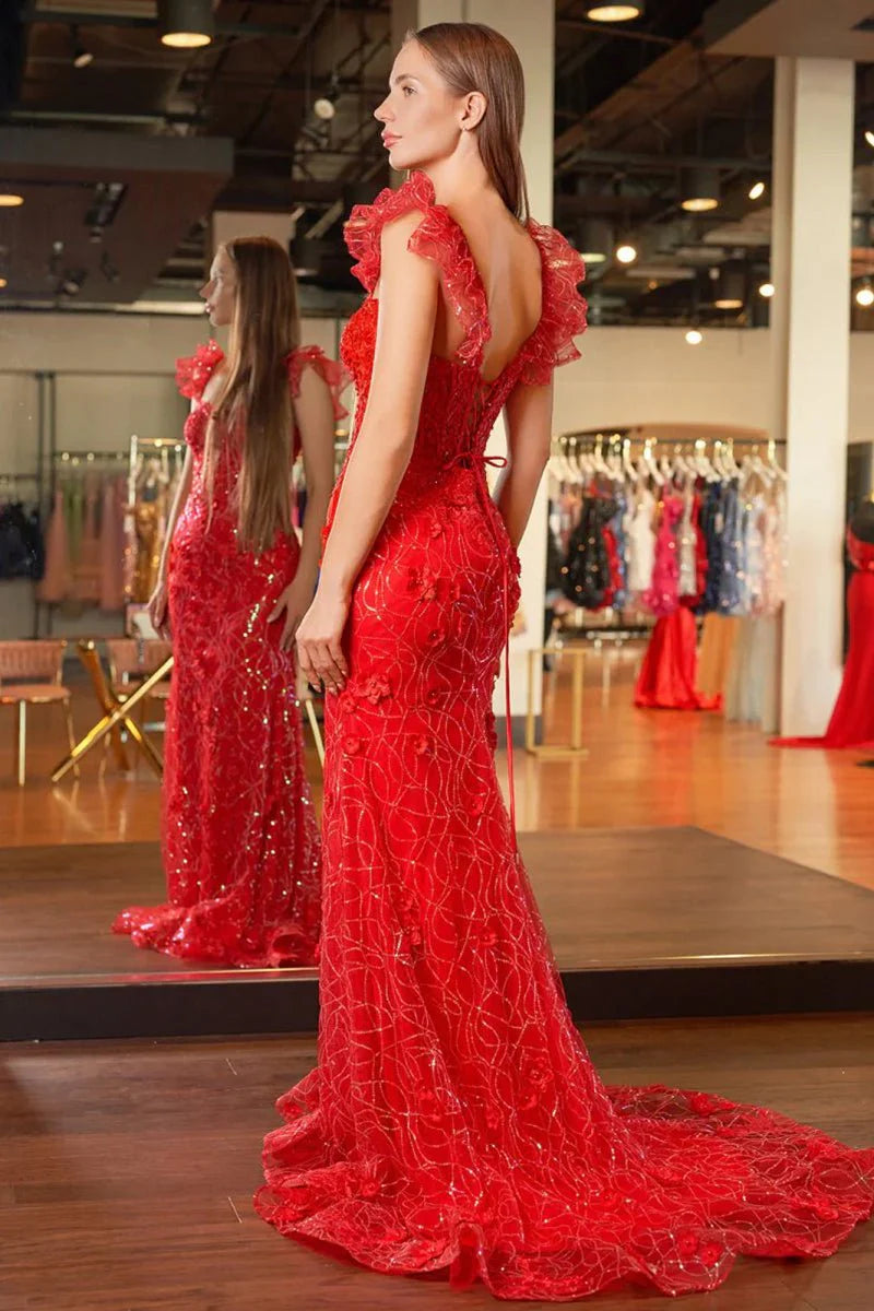 Glamorous Bold Red Sequin 3D Floral Mermaid Silhouette Sweetheart Neck Ruffle Strap Lace Up Back Train Maxi Formal Prom Dress