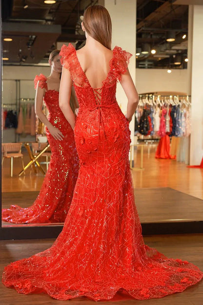 Glamorous Bold Red Sequin 3D Floral Mermaid Silhouette Sweetheart Neck Ruffle Strap Lace Up Back Train Maxi Formal Prom Dress