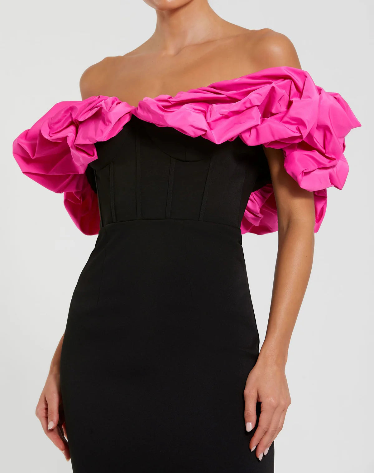 Bold Evening Dress with Off-the-Shoulder Neckline, Voluminous Ruffled Trim and Mermaid Silhouette
