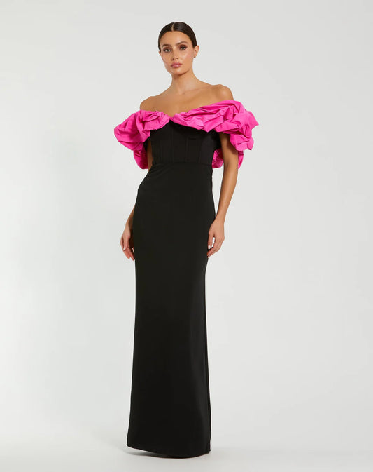 Bold Evening Dress with Off-the-Shoulder Neckline, Voluminous Ruffled Trim and Mermaid Silhouette