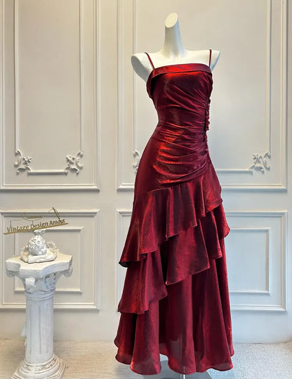 Glamorous Burgundy Metallic Evening Dresses with Ruffle Skirt, Appliqué Detail, Square Neck and Mermaid Silhouette Formal Gown