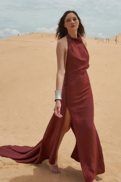 Glamorous Burgundy Satin Evening Dress with Halter Neck, Open Back and Buttoned High Slit