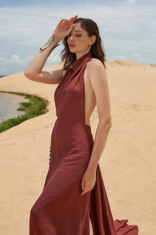 Glamorous Burgundy Satin Evening Dress with Halter Neck, Open Back and Buttoned High Slit