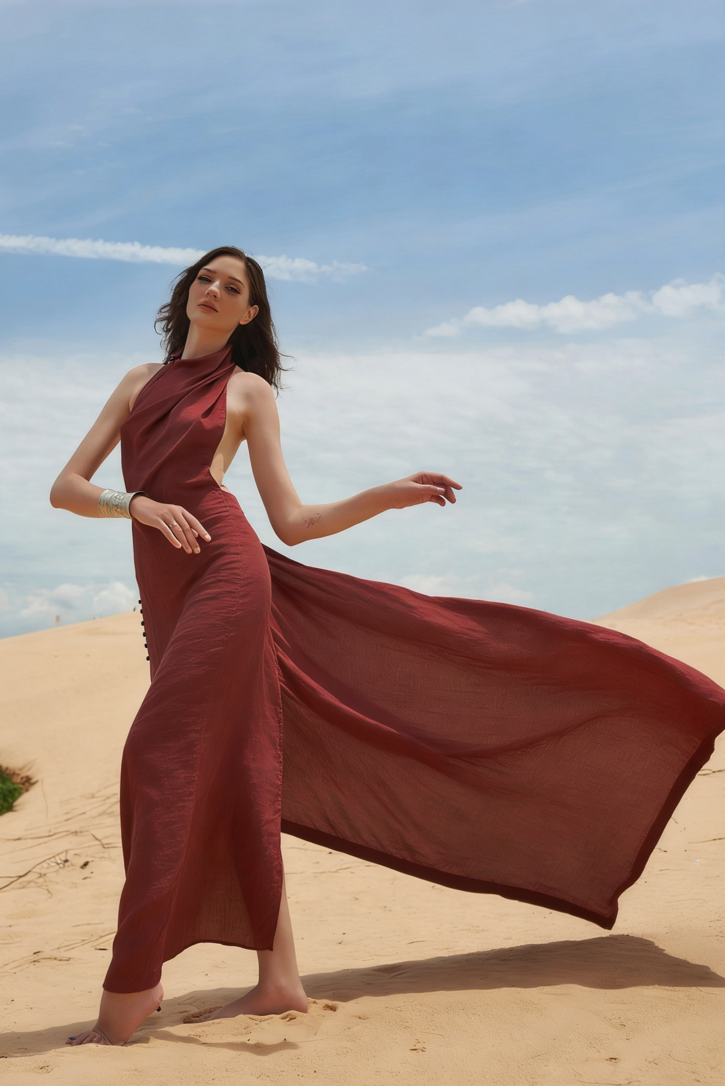 Glamorous Burgundy Satin Evening Dress with Halter Neck, Open Back and Buttoned High Slit