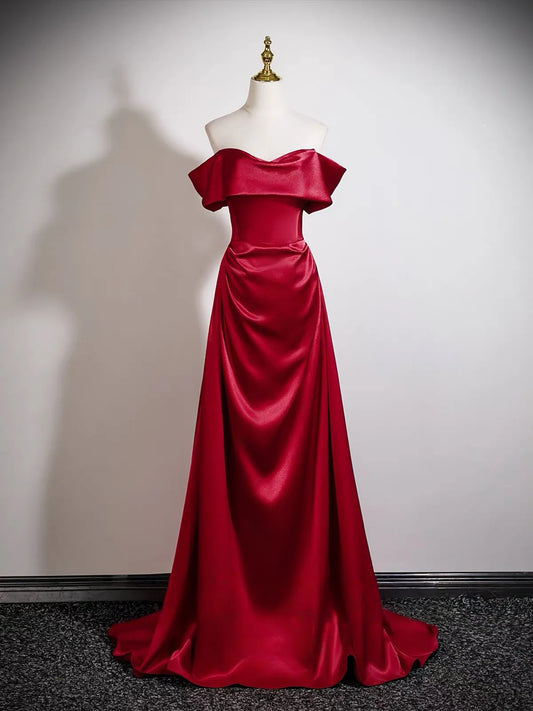 Glamorous Burgundy Satin Mermaid Off-the-Shoulder Sweetheart Neck Lace-Up Back Prom Dresses