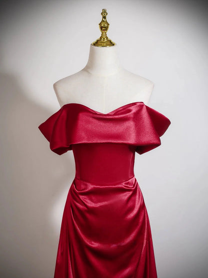 Glamorous Burgundy Satin Mermaid Off-the-Shoulder Sweetheart Neck Lace-Up Back Prom Dresses