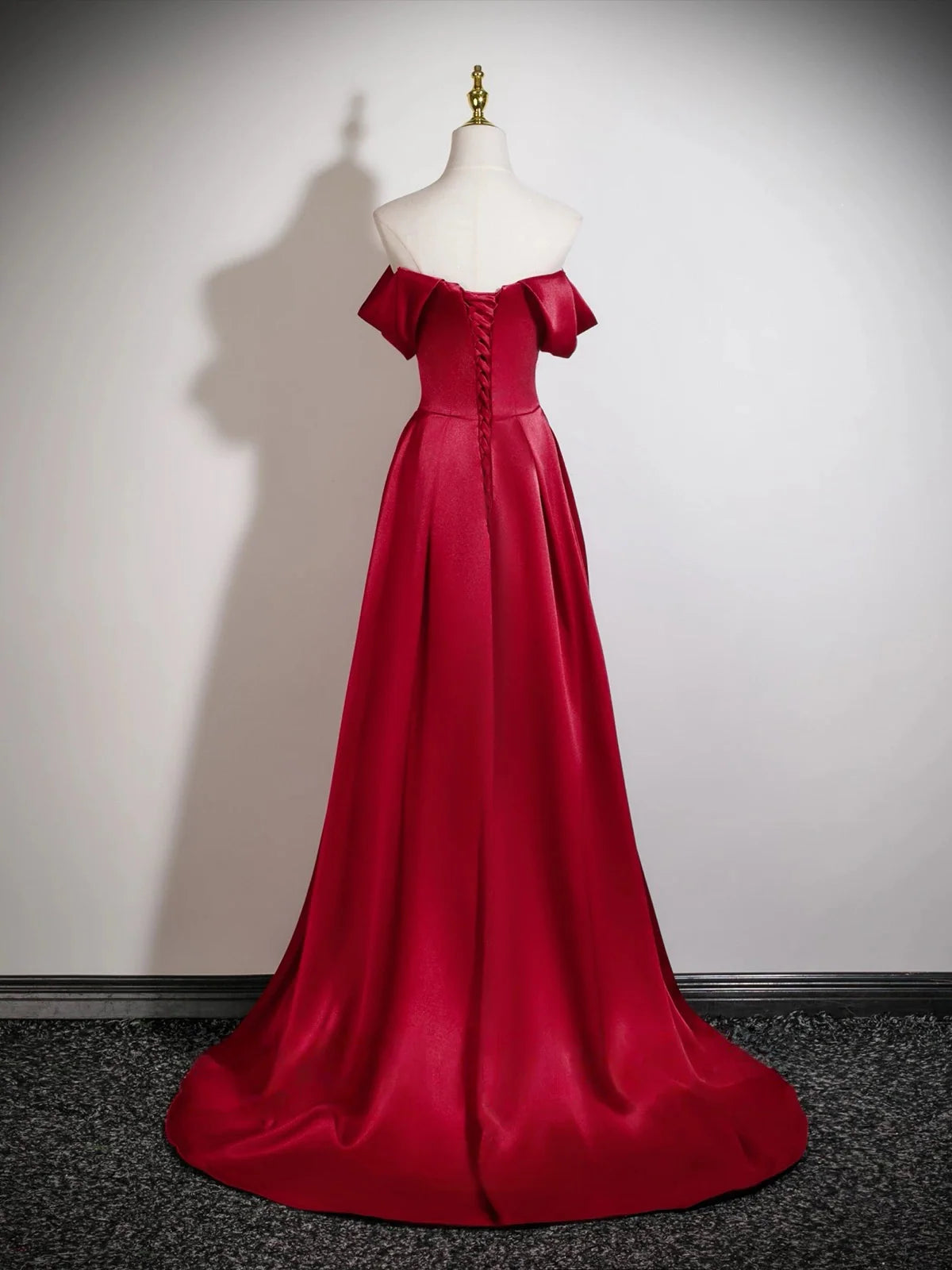 Glamorous Burgundy Satin Mermaid Off-the-Shoulder Sweetheart Neck Lace-Up Back Prom Dresses