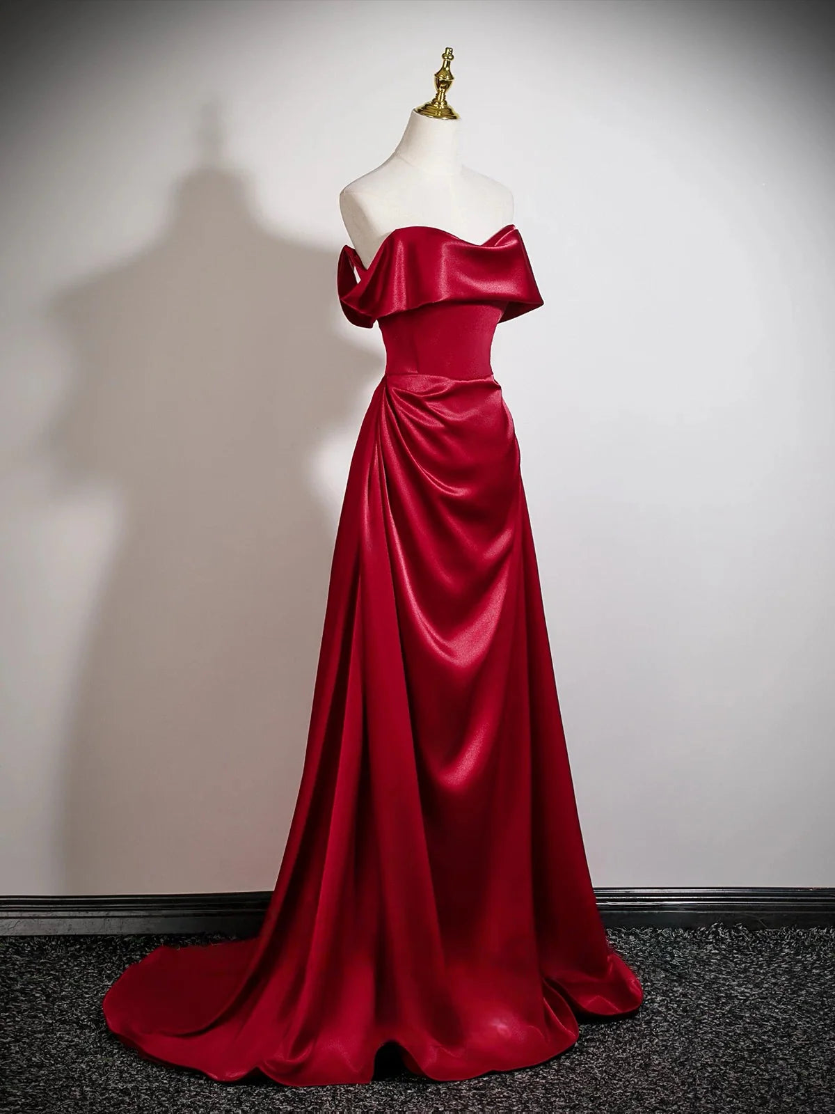 Glamorous Burgundy Satin Mermaid Off-the-Shoulder Sweetheart Neck Lace-Up Back Prom Dresses