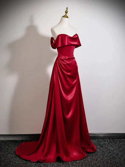 Glamorous Burgundy Satin Mermaid Off-the-Shoulder Sweetheart Neck Lace-Up Back Prom Dresses
