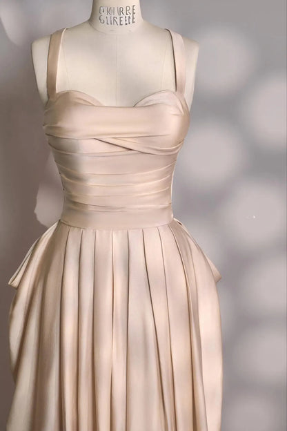 Glamorous Champagne Satin Evening Dress with Ruched Bodice, Draped Skirt and Convertible Straps
