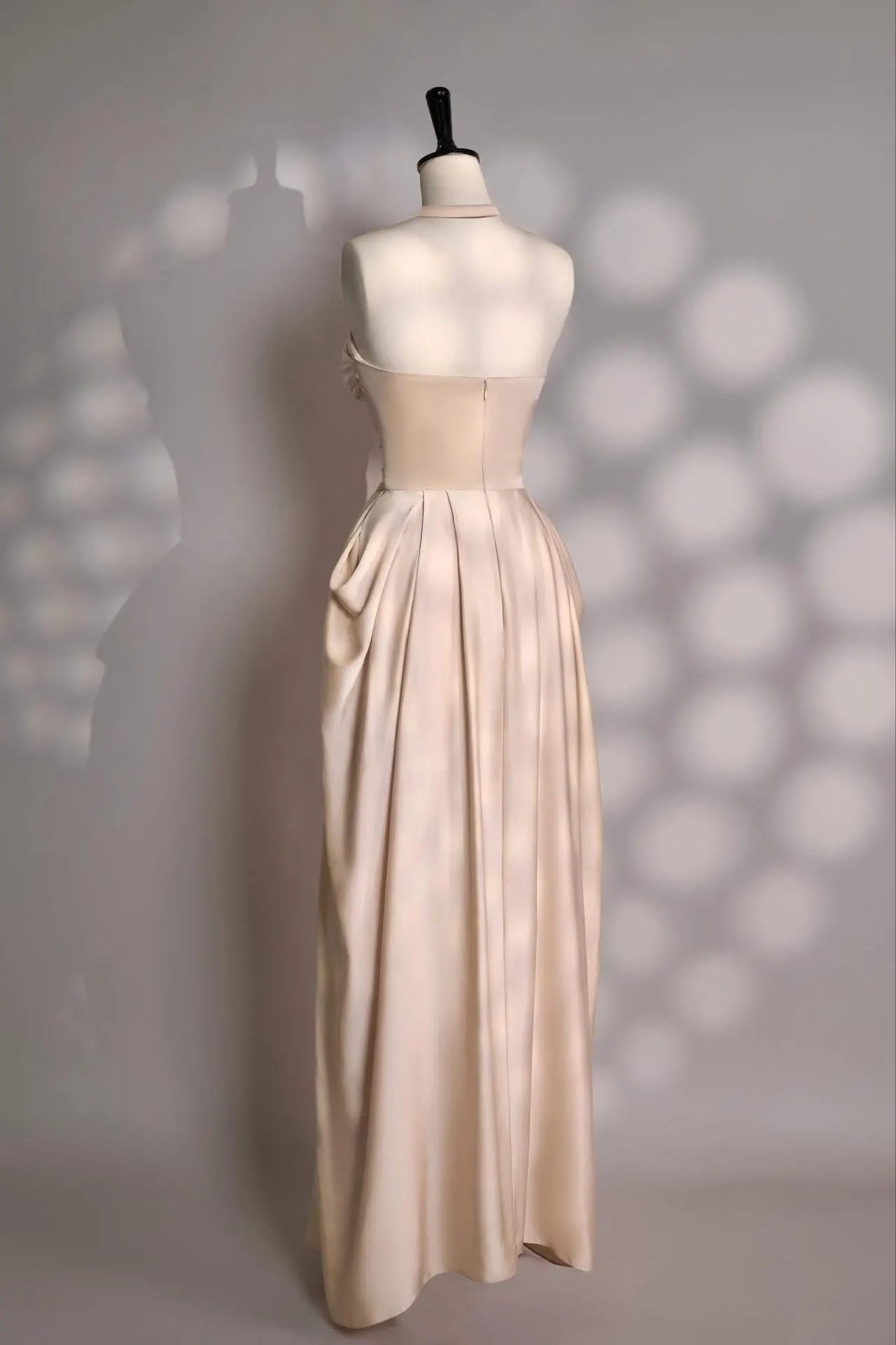 Glamorous Champagne Satin Evening Dress with Ruched Bodice, Draped Skirt and Convertible Straps