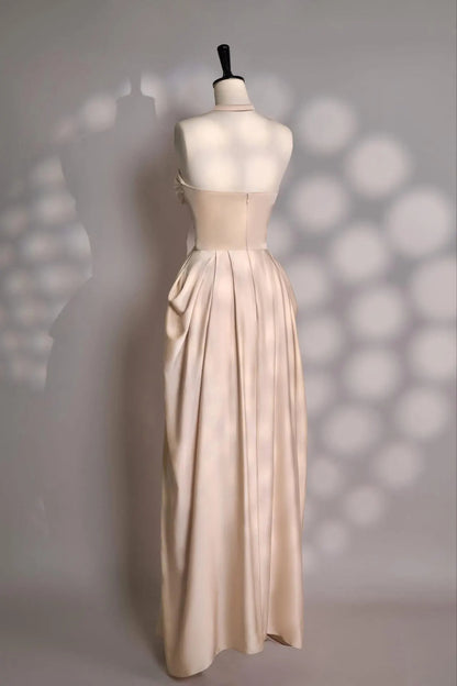 Glamorous Champagne Satin Evening Dress with Ruched Bodice, Draped Skirt and Convertible Straps