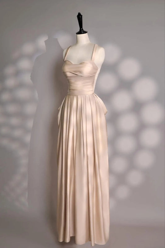 Glamorous Champagne Satin Evening Dress with Ruched Bodice, Draped Skirt and Convertible Straps