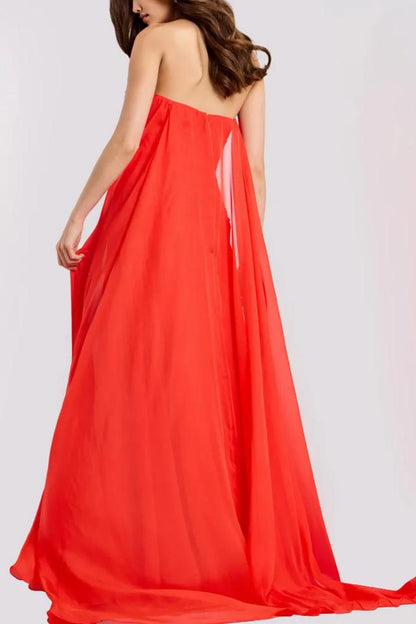 Glamorous Chiffon Flowy Sweetheart Neck Strapless Cape Back Floor-Length Evening Dress with Ruched Waist for Formal Events