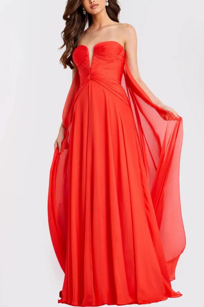 Glamorous Chiffon Flowy Sweetheart Neck Strapless Cape Back Floor-Length Evening Dress with Ruched Waist for Formal Events