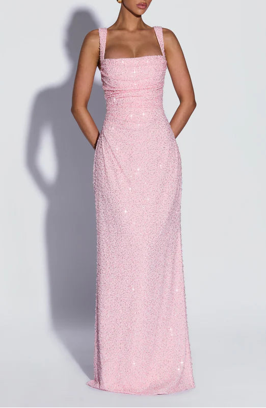 Glamorous Column Square Neck Sleeveless Lace-Up Back Floor Length Prom Dress