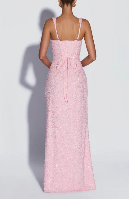 Glamorous Sequin Column Square Neck Lace-Up Floor Length Pink Prom Dress