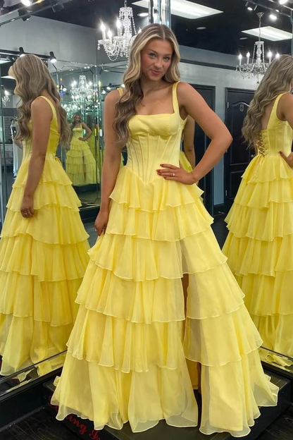 Glamorous Corset Bodice Tiered Ruffle Prom Dress with Square Neck and Lace-Up Back