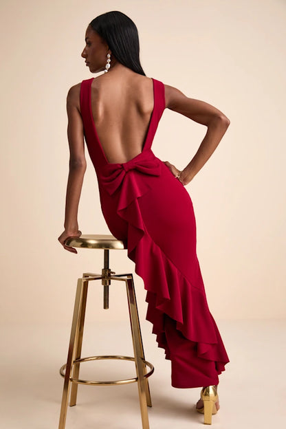 Glamorous Crepe Evening Dresses with Boat Neckline, Open Back Bow Detail and Ruffled Mermaid Skirt Formal Gown