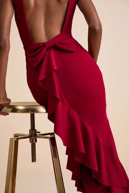 Glamorous Crepe Evening Dresses with Boat Neckline, Open Back Bow Detail and Ruffled Mermaid Skirt Formal Gown