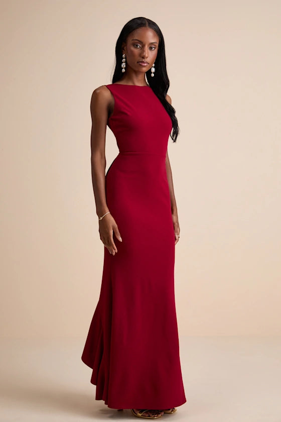 Glamorous Crepe Evening Dresses with Boat Neckline, Open Back Bow Detail and Ruffled Mermaid Skirt Formal Gown