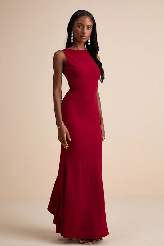 Glamorous Crepe Evening Dresses with Boat Neckline, Open Back Bow Detail and Ruffled Mermaid Skirt Formal Gown
