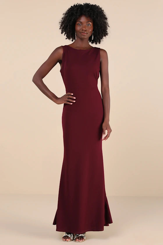 Glamorous Crepe Evening Dresses with Boat Neckline, Open Back Bow Detail and Ruffled Mermaid Skirt Formal Gown