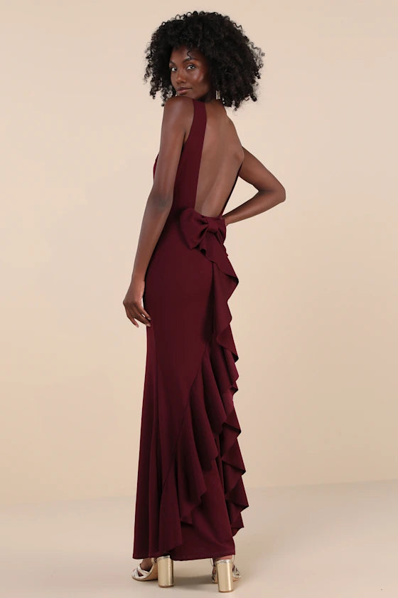 Glamorous Crepe Evening Dresses with Boat Neckline, Open Back Bow Detail and Ruffled Mermaid Skirt Formal Gown