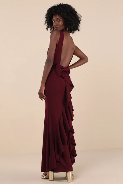 Glamorous Crepe Evening Dresses with Boat Neckline, Open Back Bow Detail and Ruffled Mermaid Skirt Formal Gown