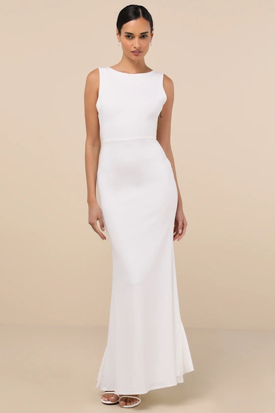 Glamorous Crepe Evening Dresses with Boat Neckline, Open Back Bow Detail and Ruffled Mermaid Skirt Formal Gown