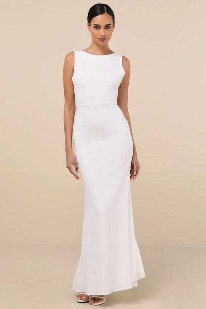 Glamorous Crepe Evening Dresses with Boat Neckline, Open Back Bow Detail and Ruffled Mermaid Skirt Formal Gown