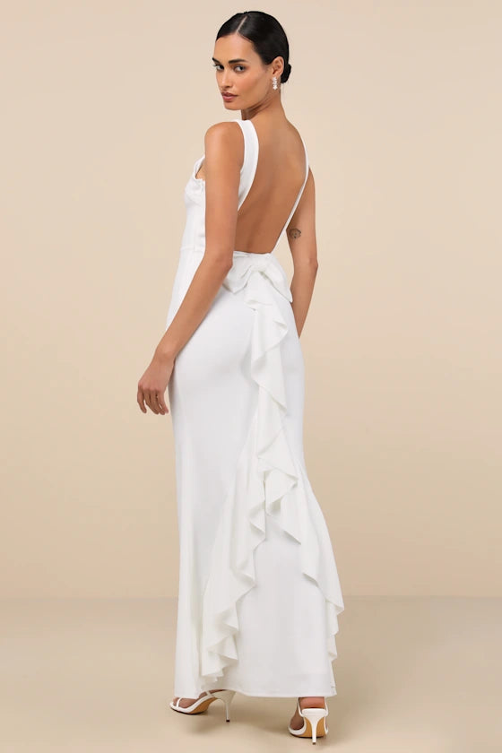 Glamorous Crepe Evening Dresses with Boat Neckline, Open Back Bow Detail and Ruffled Mermaid Skirt Formal Gown