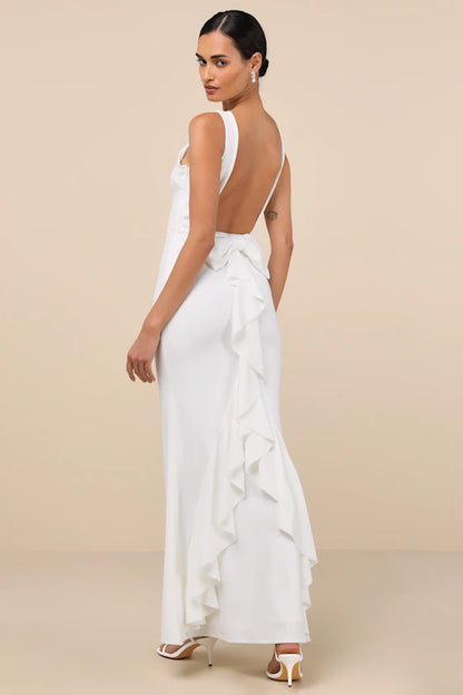Glamorous Crepe Evening Dresses with Boat Neckline, Open Back Bow Detail and Ruffled Mermaid Skirt Formal Gown