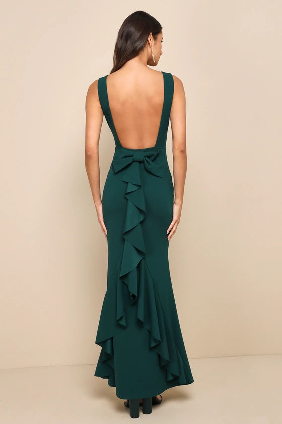 Glamorous Crepe Evening Dresses with Boat Neckline, Open Back Bow Detail and Ruffled Mermaid Skirt Formal Gown