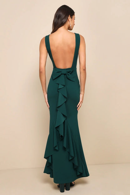 Glamorous Crepe Evening Dresses with Boat Neckline, Open Back Bow Detail and Ruffled Mermaid Skirt Formal Gown