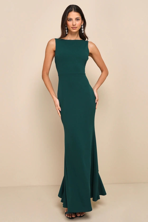Glamorous Crepe Evening Dresses with Boat Neckline, Open Back Bow Detail and Ruffled Mermaid Skirt Formal Gown