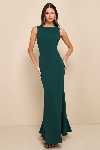 Glamorous Crepe Evening Dresses with Boat Neckline, Open Back Bow Detail and Ruffled Mermaid Skirt Formal Gown