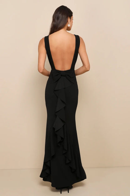 Glamorous Crepe Evening Dresses with Boat Neckline, Open Back Bow Detail and Ruffled Mermaid Skirt Formal Gown