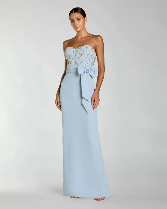 Glamorous Crepe Sheath Strapless Beaded Bodice Sleeveless Back Slit Oversized Bow Floor-Length Evening Dress for Formal Events