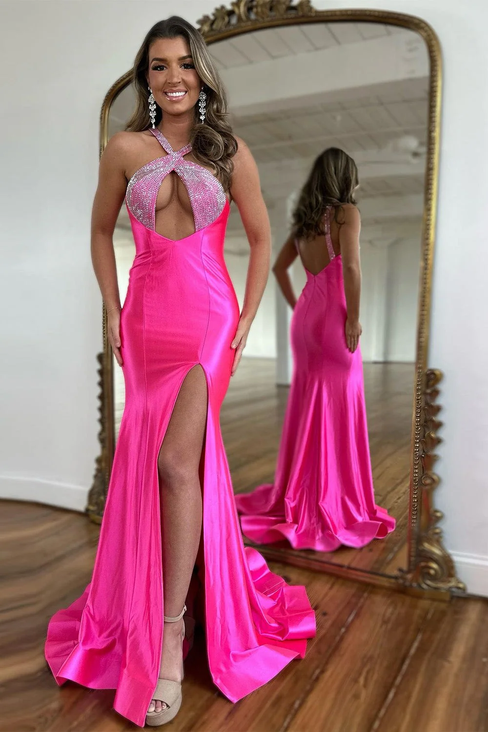 Glamorous Crisscross Halter Neck Rhinestone Embellished Satin Mermaid High Slit Train Prom Dress