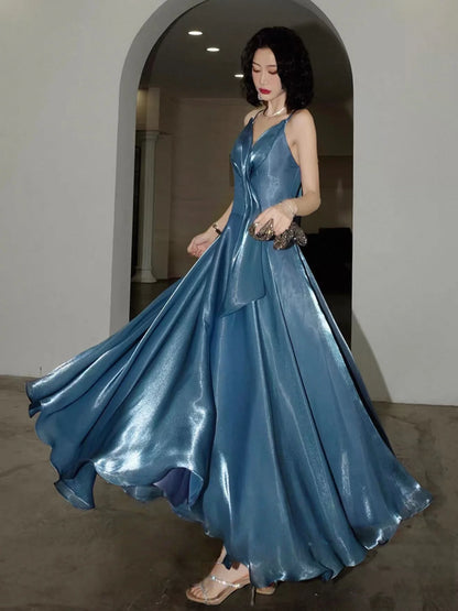 Glamorous Dusty Blue Iridescent Satin A-Line V-Neck Spaghetti Strap Bow Back Prom Dresses