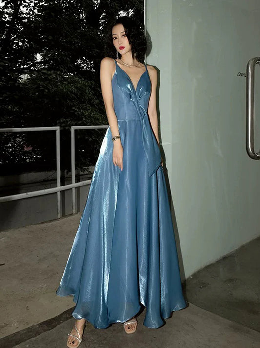 Glamorous Dusty Blue Iridescent Satin A-Line V-Neck Spaghetti Strap Bow Back Prom Dresses