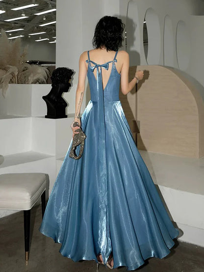 Glamorous Dusty Blue Iridescent Satin A-Line V-Neck Spaghetti Strap Bow Back Prom Dresses
