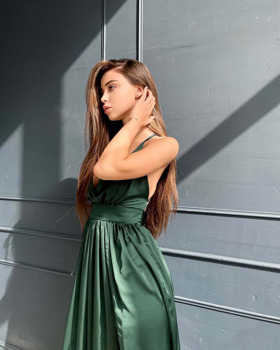 Glamorous Emerald Green Satin Evening Dress with Deep V-Neck, Open Back and High Slit