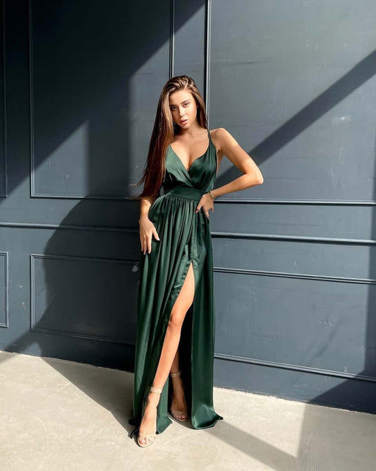 Glamorous Emerald Green Satin Evening Dress with Deep V-Neck, Open Back and High Slit