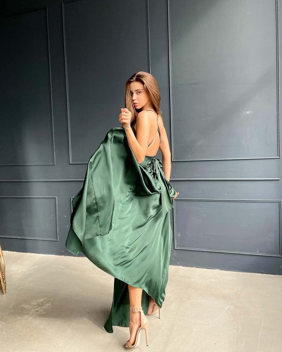 Glamorous Emerald Green Satin Evening Dress with Deep V-Neck, Open Back and High Slit