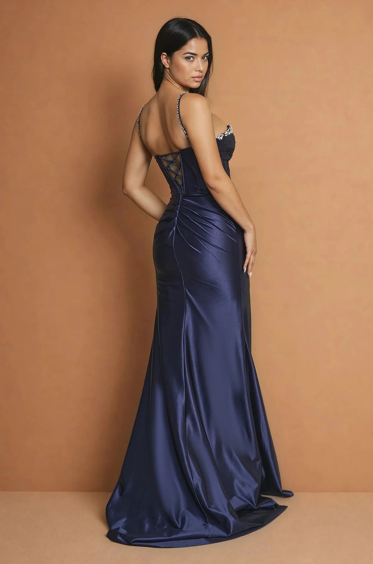 Glamorous Evening Dress with Beaded Neckline, Corset Bodice and Mermaid Silhouette
